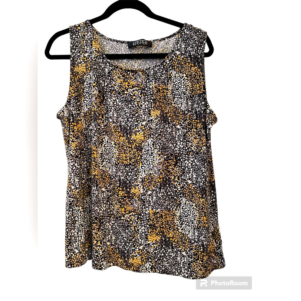 Kasper Women’s XL sleeveless blouse. Black, gray, yellow, white print